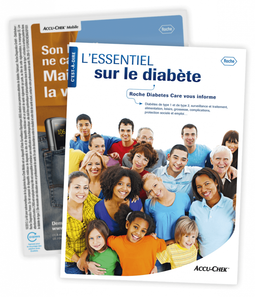 Ouvrage d'information sur le diabète, "L'Essentiel sur le diabète", créé pour Roche Diabetes Care par Caramel & Paprika - Carte publicitaire (photos © Roche Diabetes Care)