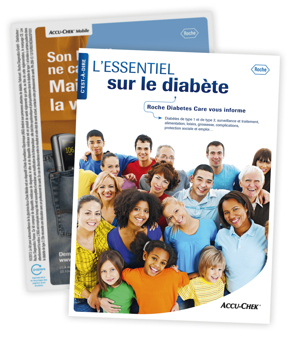 Ouvrage d'information sur le diabète, "L'Essentiel sur le diabète", créé pour Roche Diabetes Care par Caramel & Paprika - Première et dernière pages de couverture (photos © Roche Diabetes Care)