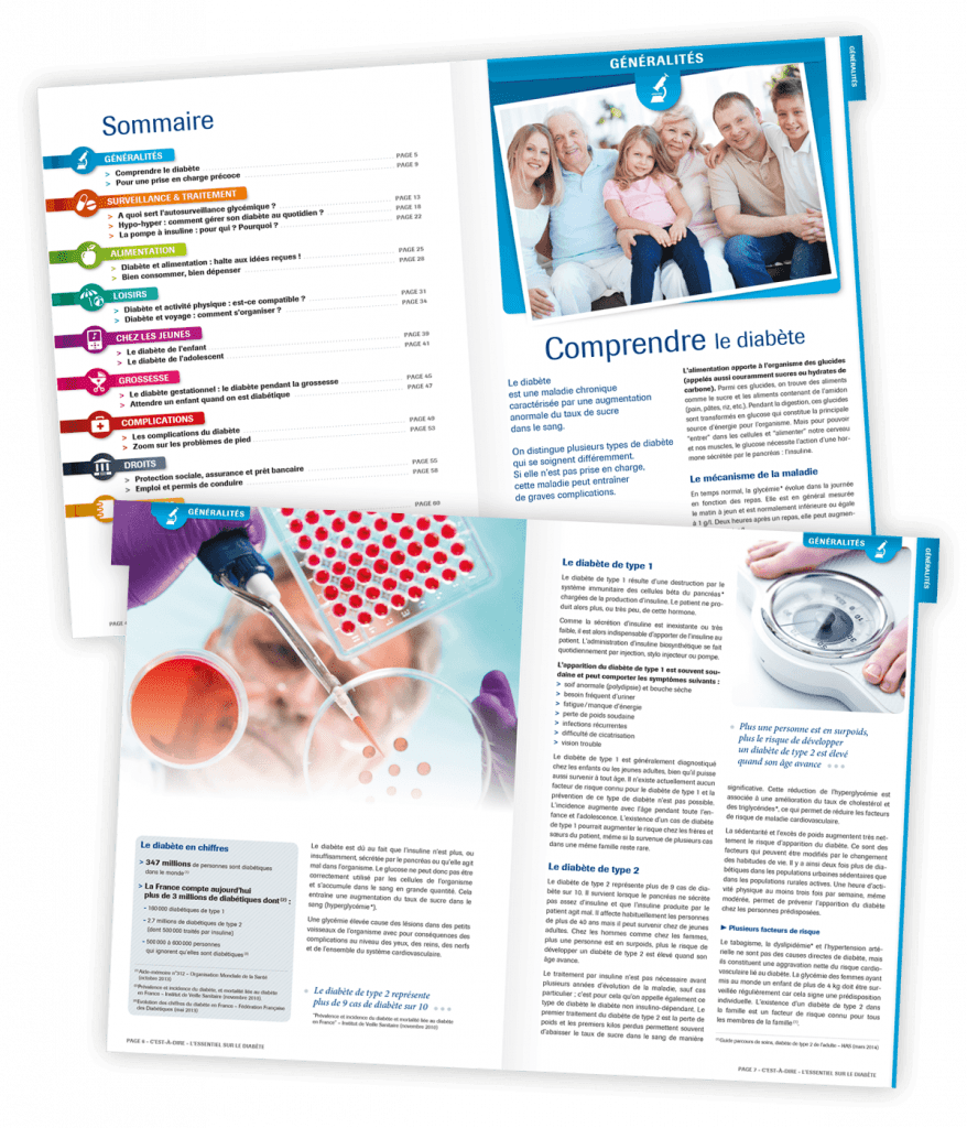 Ouvrage d'information sur le diabète, "L'Essentiel sur le diabète", créé pour Roche Diabetes Care par Caramel & Paprika - Deux doubles pages intérieures Sommaire et entrée du chapitre 1 (photos © Roche Diabetes Care)