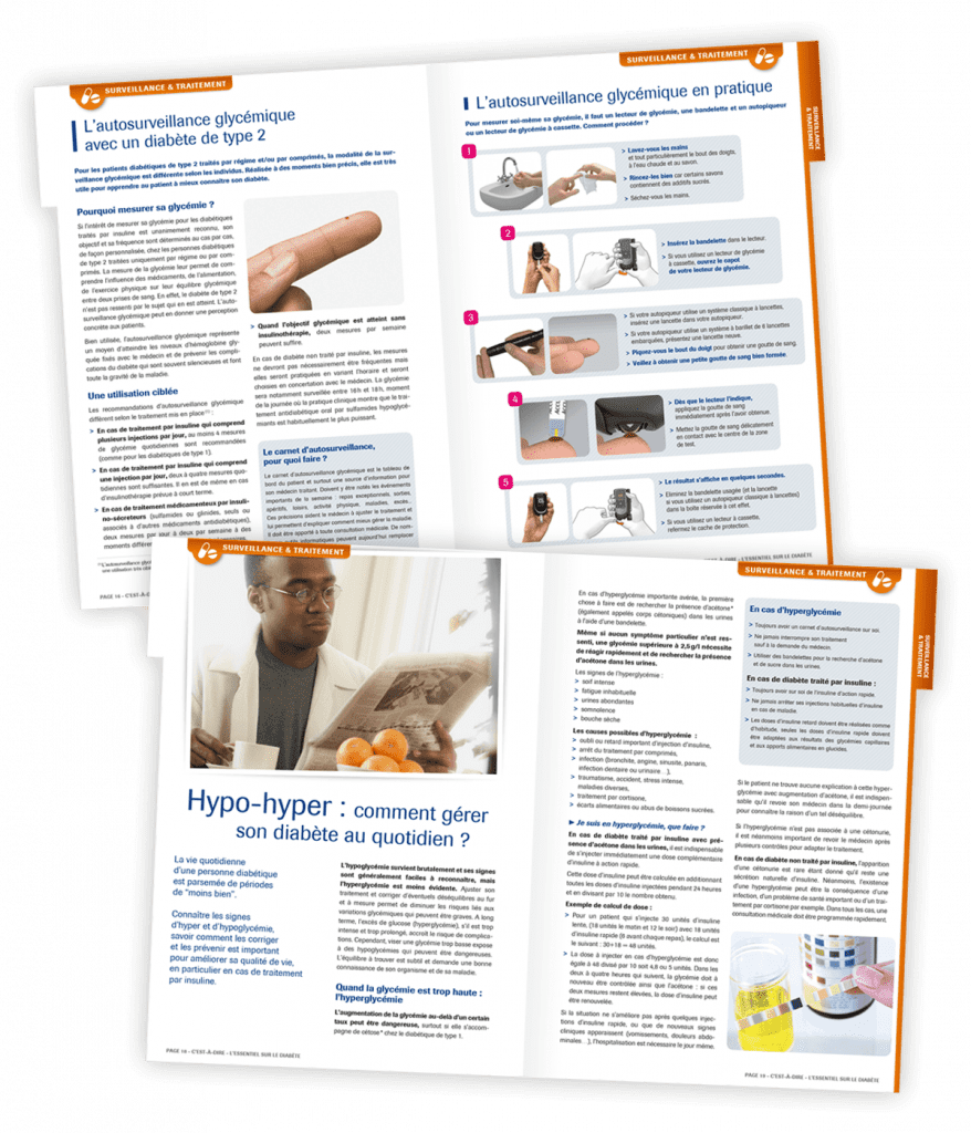 Ouvrage d'information sur le diabète, "L'Essentiel sur le diabète", créé pour Roche Diabetes Care par Caramel & Paprika - Deux doubles pages intérieures du chapitre 2 (photos © Roche Diabetes Care)