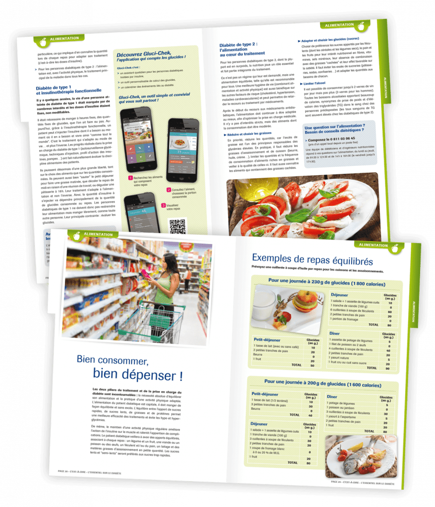 Ouvrage d'information sur le diabète, "L'Essentiel sur le diabète", créé pour Roche Diabetes Care par Caramel & Paprika - Deux doubles pages intérieures du chapitre 3 (photos © Roche Diabetes Care)