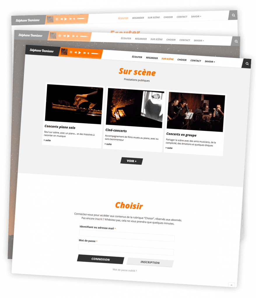 Visuel extrait du site web musical créé pour Stéphane Damiano par Caramel & Paprika - Page d'accueil sections Sur scène et Choisir (photos © Stéphane Damiano)