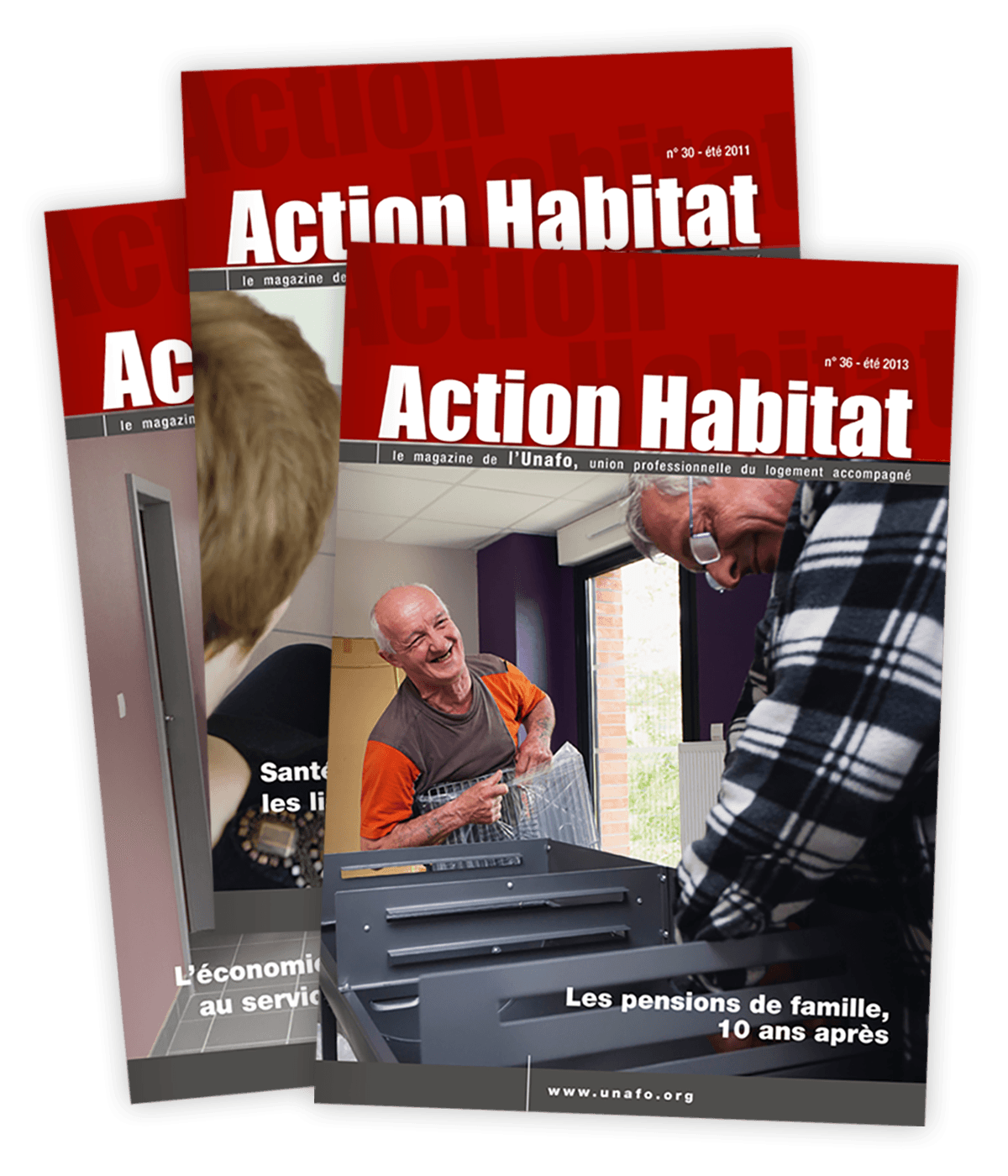 Nouvelle maquette du magazine "Action Habitat" créée pour l'Unafo par Caramel & Paprika - Première page de couverture de trois numéros (photos © Ljubisa Danilovic)