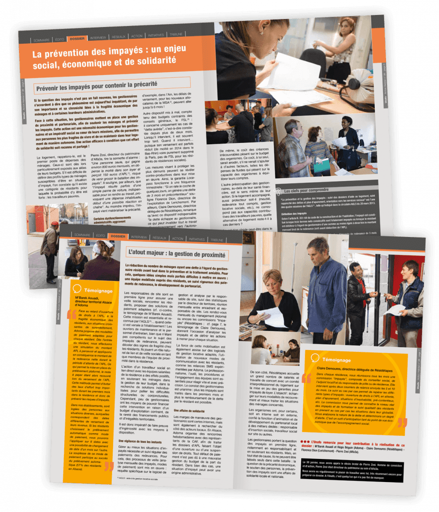 Nouvelle maquette du magazine "Action Habitat" créée pour l'Unafo par Caramel & Paprika - Deux doubles pages Dossier du numéro 38 (photos © Ljubisa Danilovic)