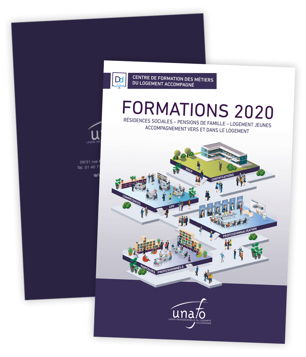 Catalogue des formations 2020 créé pour l'Unafo par Caramel & Paprika - Première et dernière pages de couverture