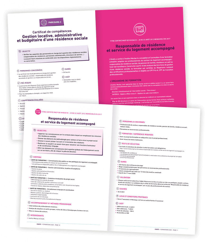 Catalogue des formations 2020 créé pour l'Unafo par Caramel & Paprika - Deux doubles pages 8 à 11