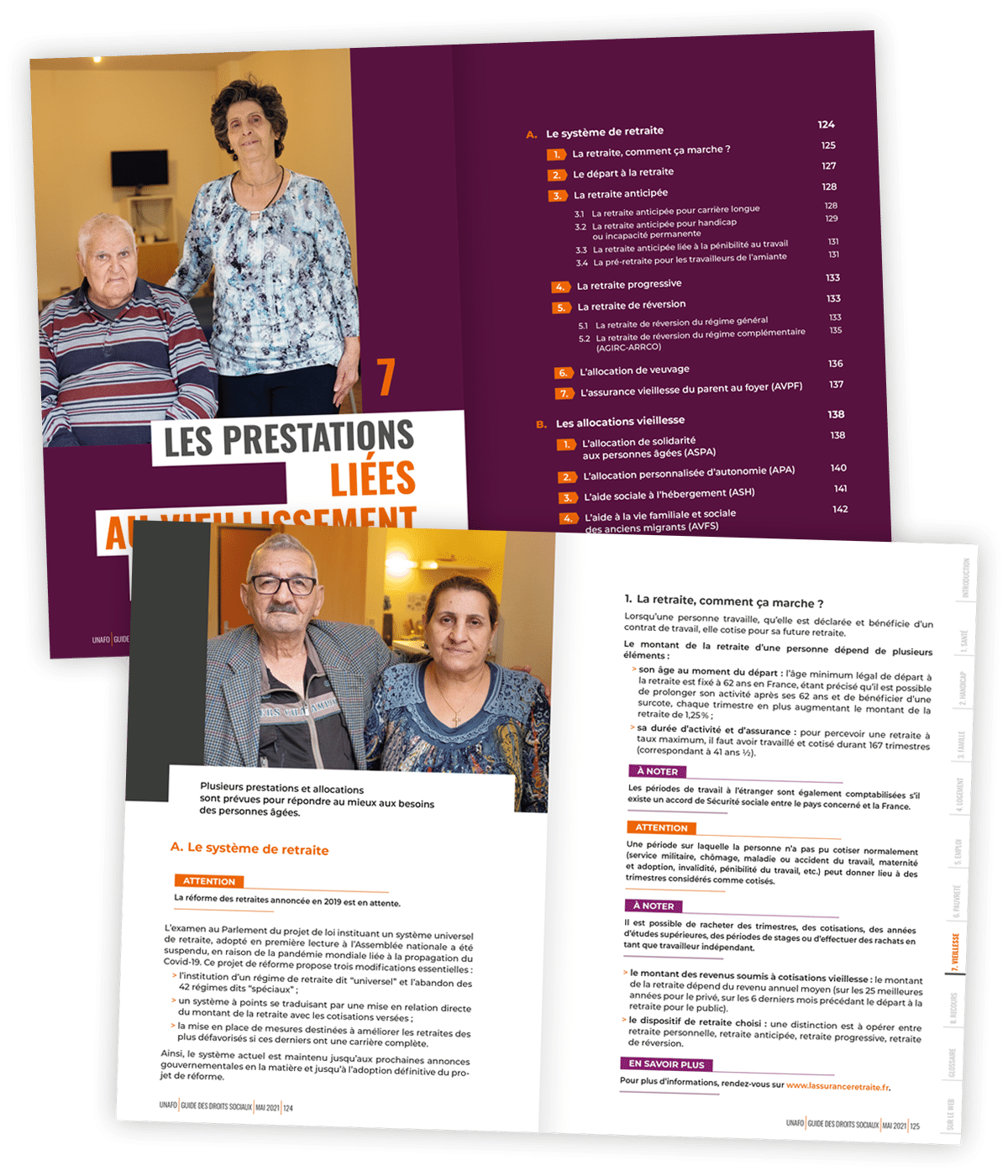 Guide des droits sociaux créé pour l'Unafo par Caramel & Paprika - Deux doubles pages intérieures 122 à 125 (photos Unafo)