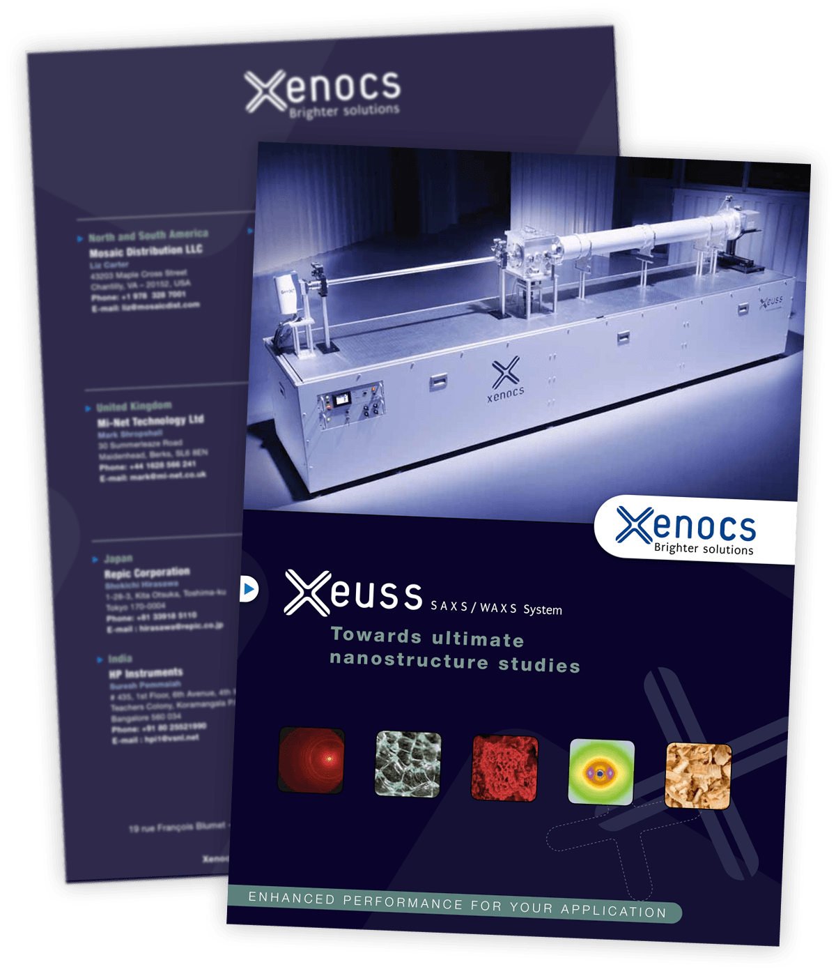 Plaquette produit Xeuss créée pour Xenocs par Caramel & Paprika - Première et dernière pages de couverture (photos © Franck Crispin, visuels additionnels © Xenocs et Fotolia)