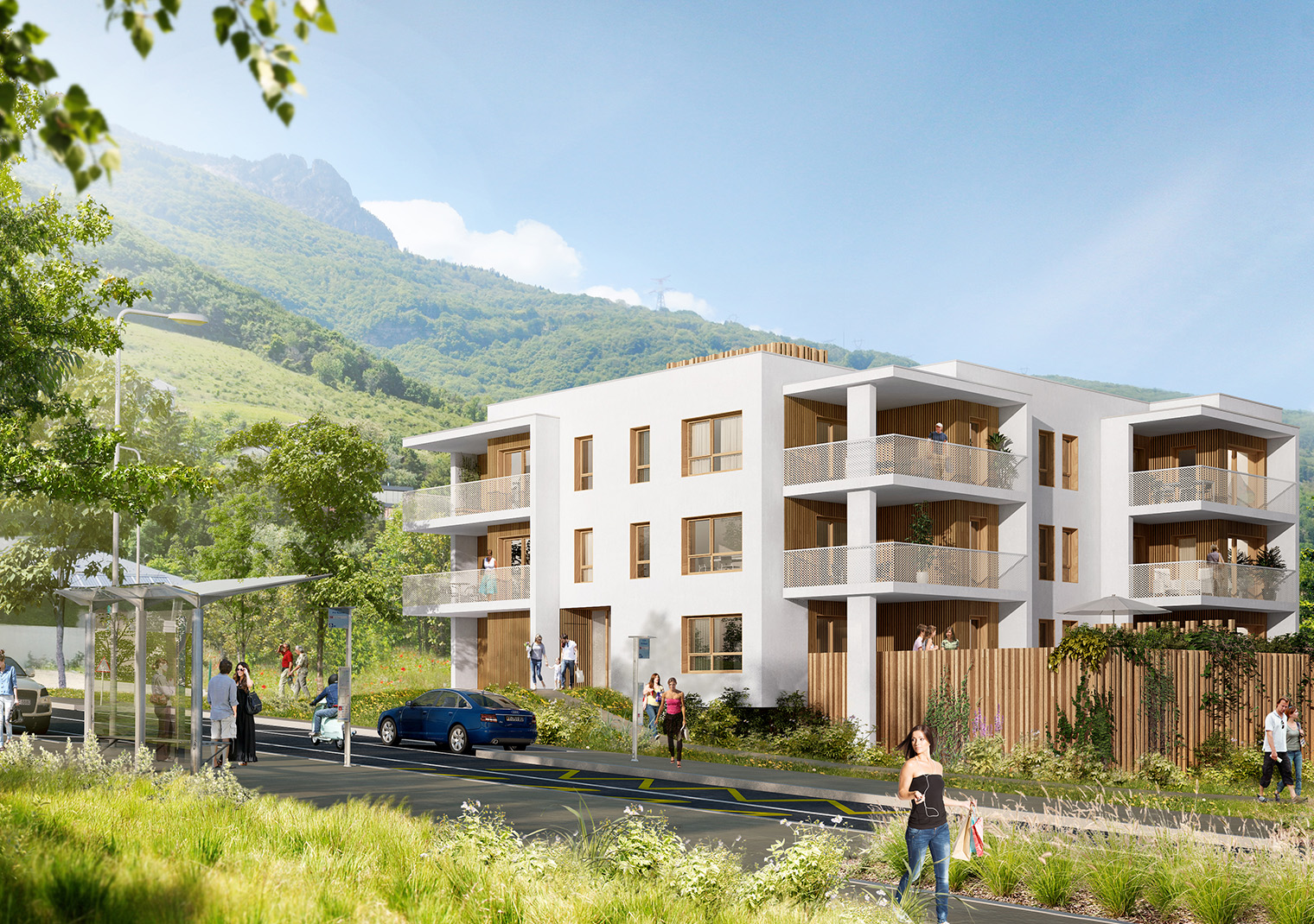Visuelle extrait de l'identité visuelle du Val vert, programme immobilier neuf, créée pour Grenoble Habitat par Caramel & Paprika (Perspective 3D Basilico Design) - Vignette projet