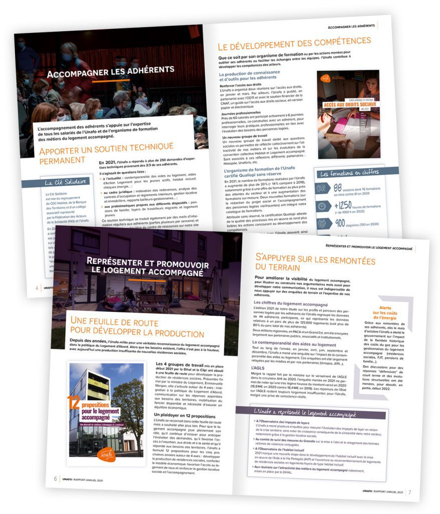 Rapport d'activité 2021 pour l'Unafo par Caramel & Paprika - Deux doubles pages intérieures 4 à 7