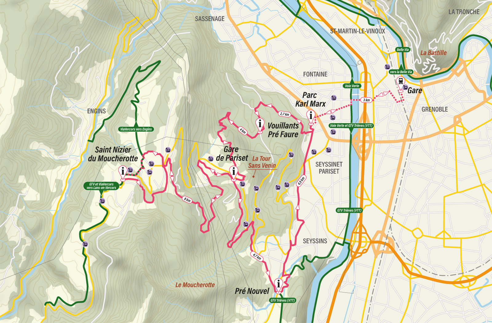 Identité visuelle de la Via du Tram créée pour Grenoble-Alpes Métropole par Caramel & Paprika - Cartographie