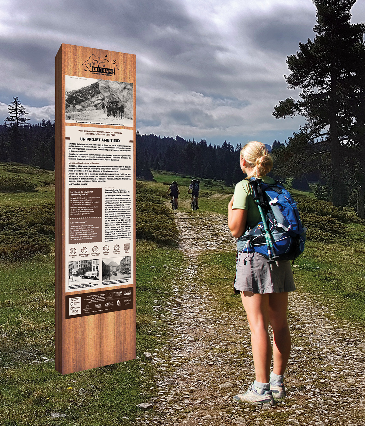 Panneaux d'exposition sur le patrimoine de la Via du Tram créés pour Grenoble-Alpes Métropole par Caramel & Paprika - Maquette de conception incrustée sur une photo de paysage.