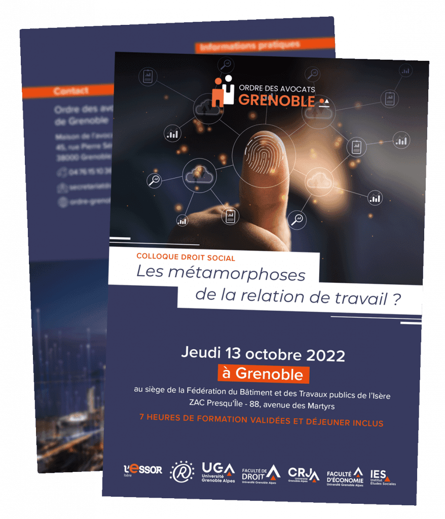 Dépliant programme du colloque sur les métamorphoses de la relation au travail, créé pour l'Ordre des avocats de Grenoble par Caramel & Paprika - Première et dernière pages