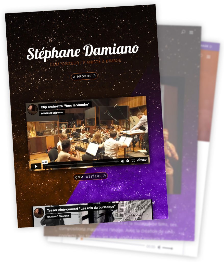 Visuel extrait du nouveau site web musical (V2) créé pour Stéphane Damiano par Caramel & Paprika - Page d'accueil sur tablette