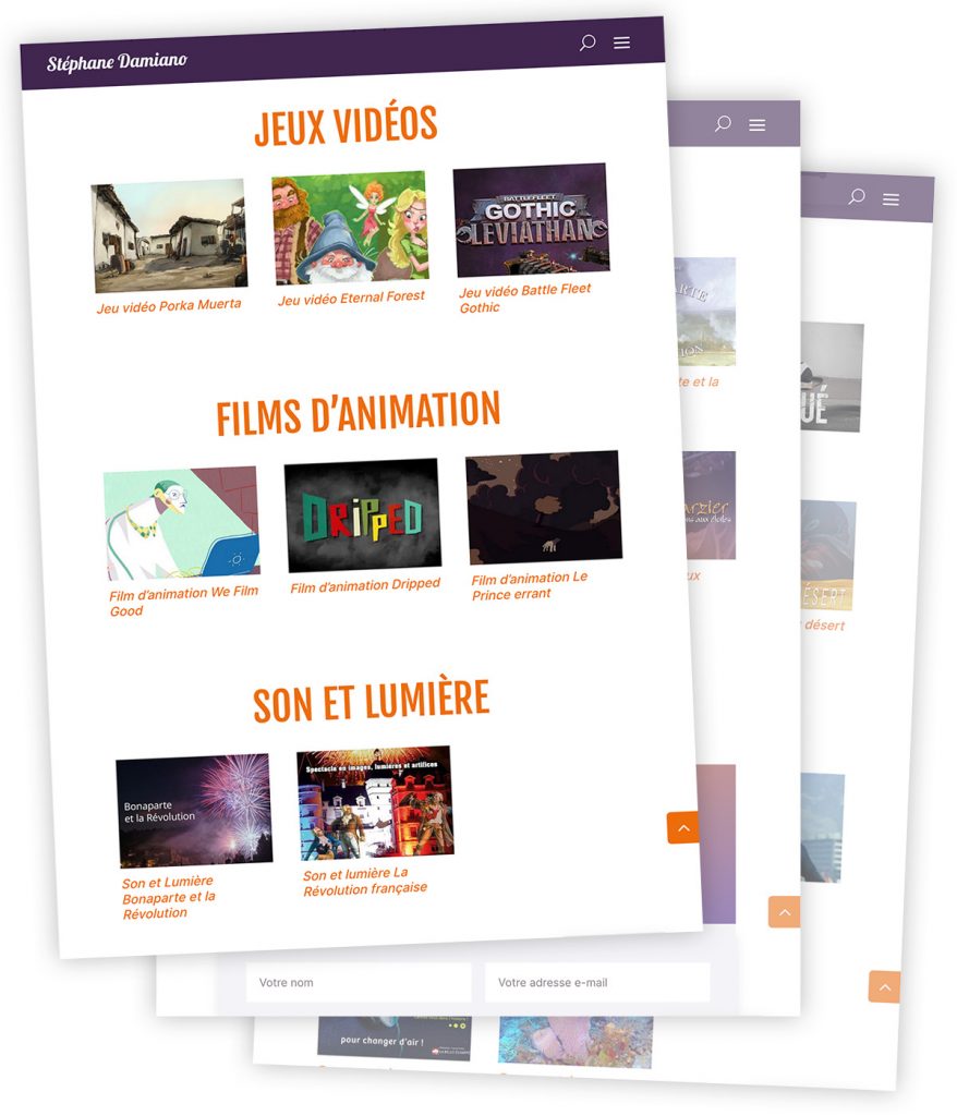 Visuel extrait du nouveau site web musical (V2) créé pour Stéphane Damiano par Caramel & Paprika - Page Liste des compositions sur tablette