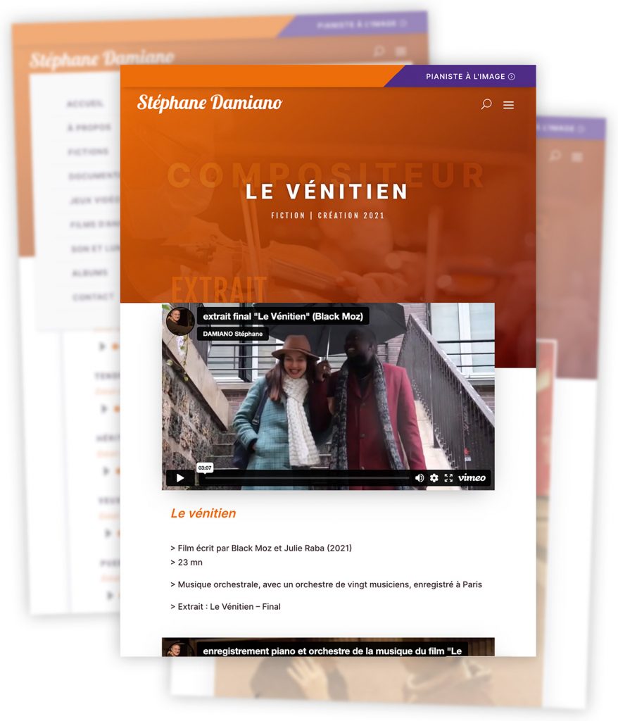 Visuel extrait du nouveau site web musical (V2) créé pour Stéphane Damiano par Caramel & Paprika - Page Présentation d'une composition sur tablette