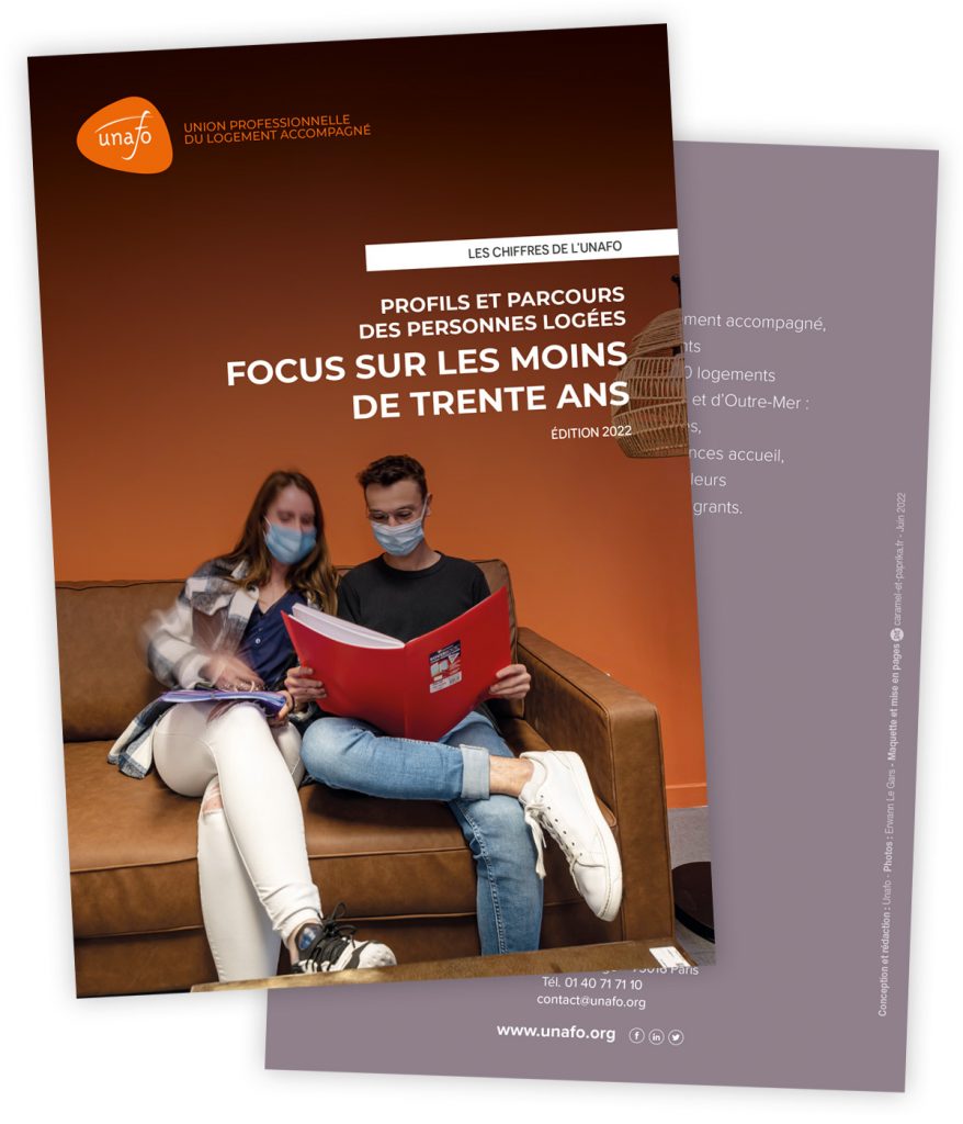 UNAFO - Rapport Chiffres nationaux - Couverture rapport jeunes Rapport "Chiffres de l'Unafo" sur les profils et parcours des jeunes logés, créé pour l'Unafo par Caramel & Paprika - Première et dernière pages de couverture