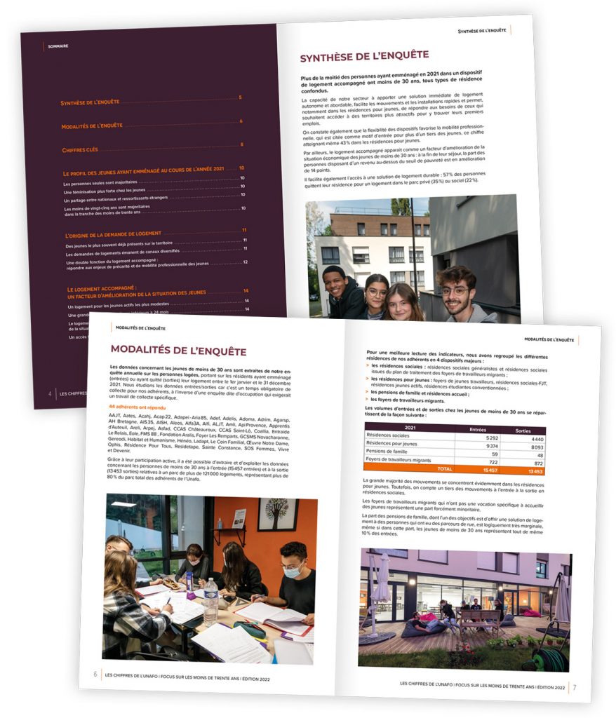 UNAFO - Rapport Chiffres nationaux - Intérieur Rapport "Chiffres de l'Unafo" sur les profils et parcours des jeunes logés, créé pour l'Unafo par Caramel & Paprika - Deux doubles pages 4 à 7