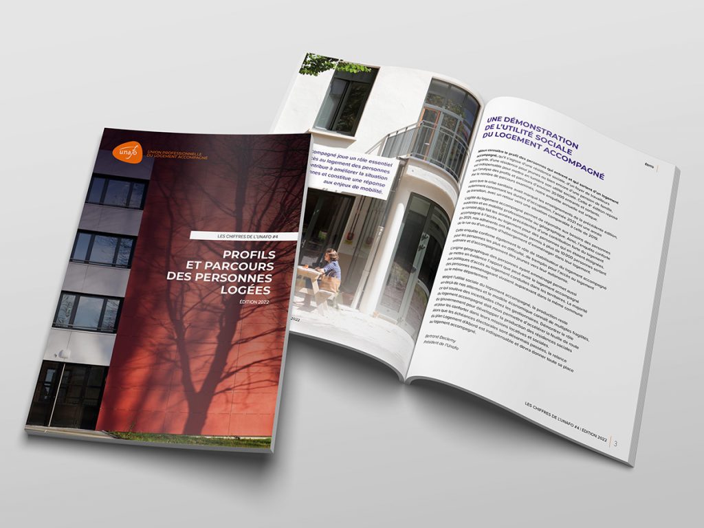 UNAFO - Rapport Chiffres nationaux - Mockup intérieur Rapport "Chiffres de l'Unafo" sur les profils et parcours des personnes logées, créé pour l'Unafo par Caramel & Paprika - Première page de couverture et intérieur (mockup)