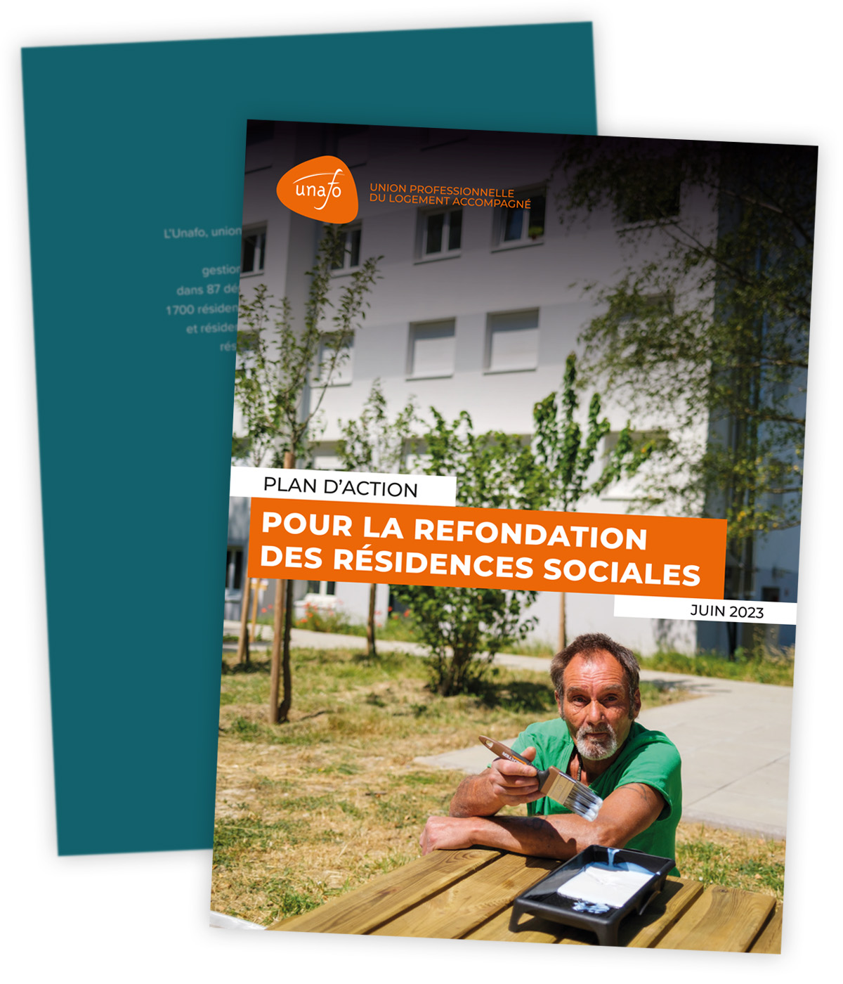 Brochure "Plan d'action pour la refondation des résidences sociales" créée pour l'Unafo par Caramel & Paprika - Première et dernière pages de couverture