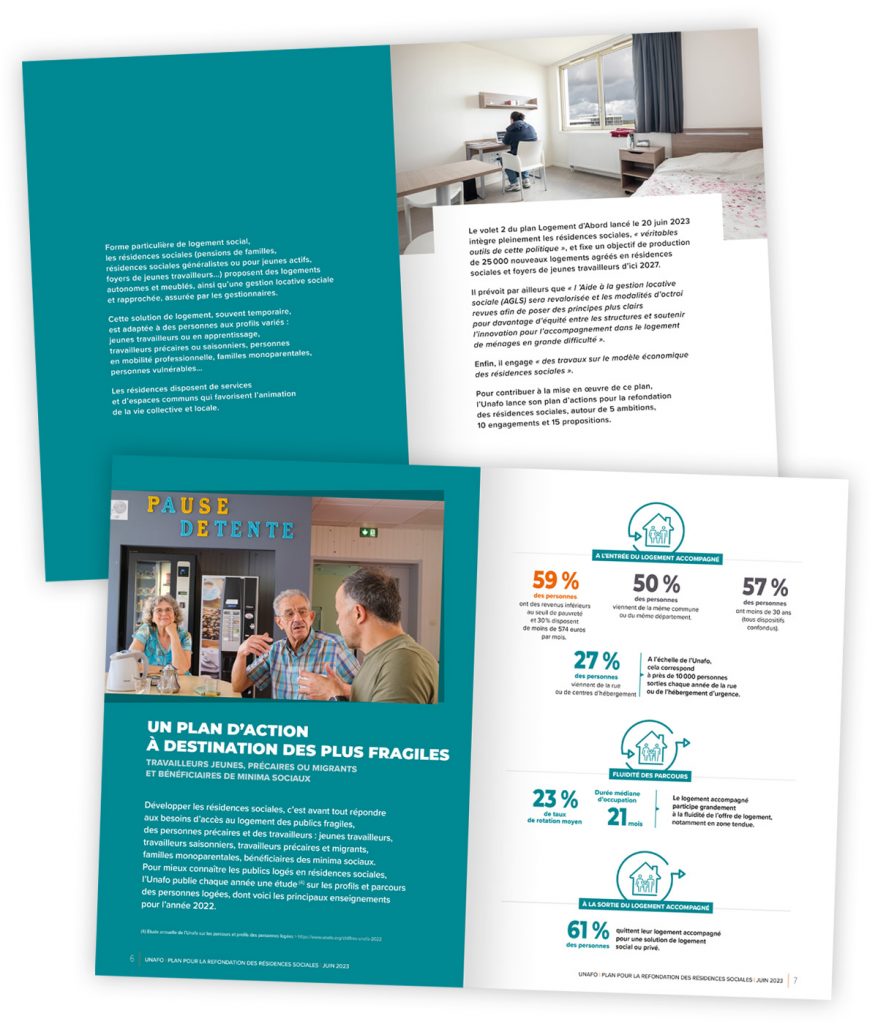 Brochure "Plan d'action pour la refondation des résidences sociales" créée pour l'Unafo par Caramel & Paprika - Deux doubles pages intérieures