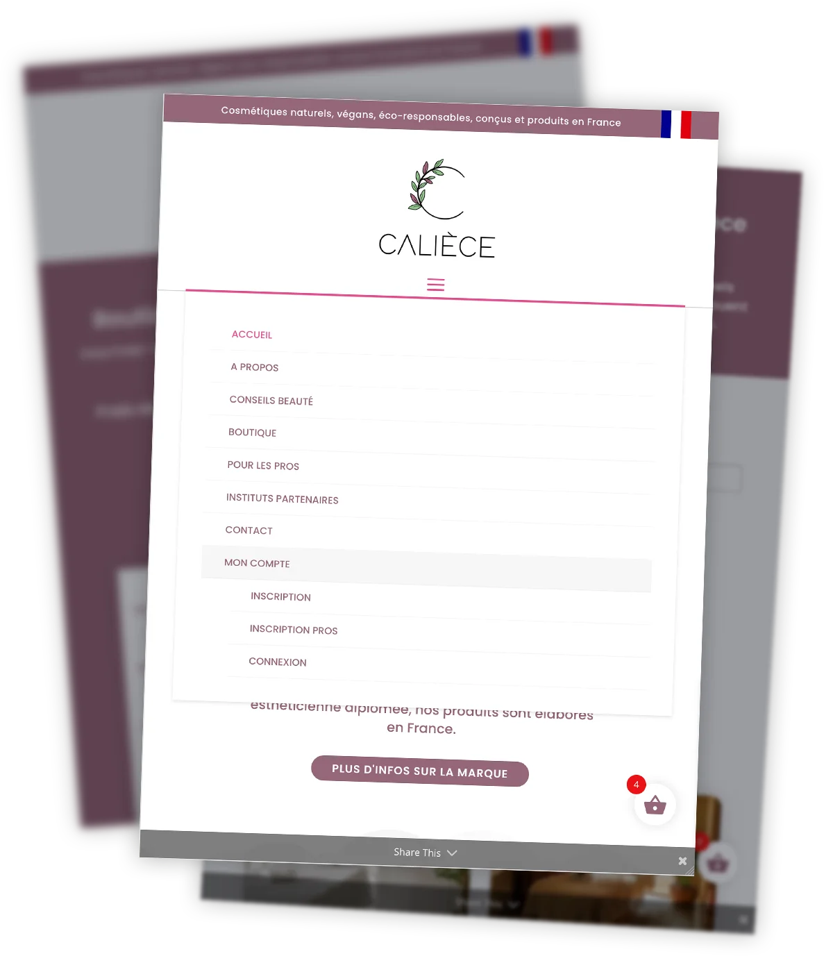 CALIÈCE - Boutique en ligne - Menu principal Site web créé par Caramel & Paprika pour les produits de Chrysma, commercialisés sous la marque Calièce - Zoom sur le menu principal
