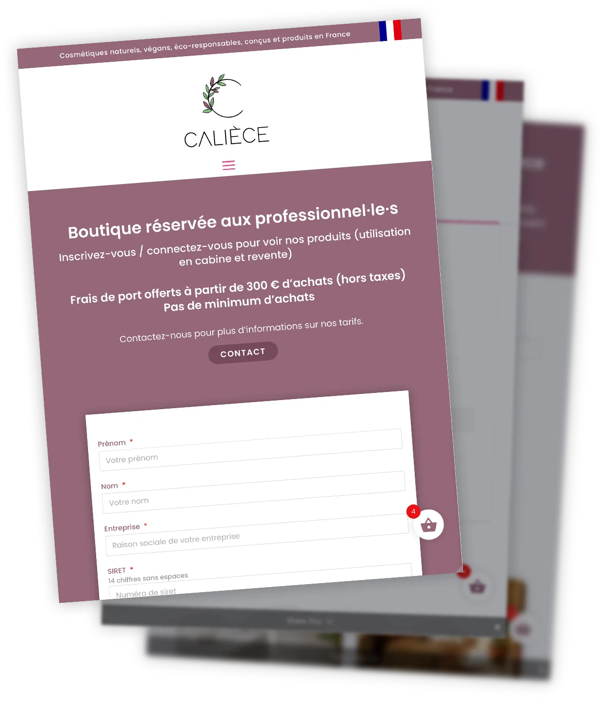 CALIÈCE - Boutique en ligne - Accueil boutique pro Site web créé par Caramel & Paprika pour les produits de Chrysma, commercialisés sous la marque Calièce - Zoom sur la page d'accueil de la boutique réservée aux clients professionnels