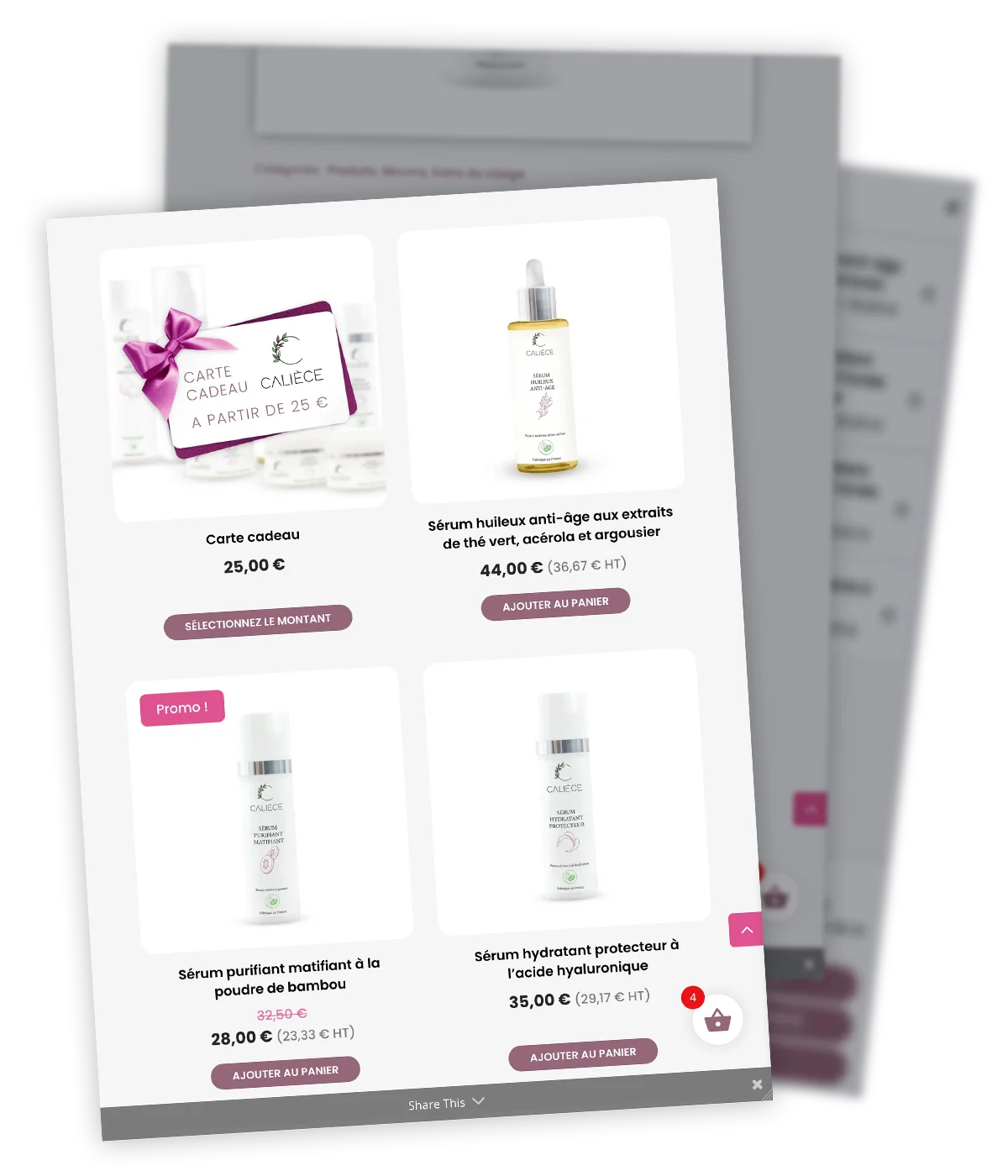 CALIÈCE - Boutique en ligne - Boutique particuliers Site web créé par Caramel & Paprika pour les produits de Chrysma, commercialisés sous la marque Calièce - Zoom sur la boutique pour les clients particuliers