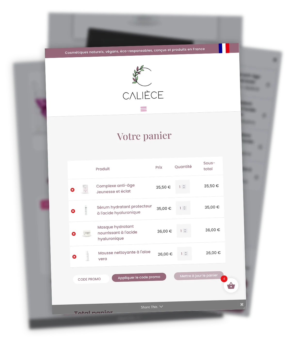 CALIÈCE - Boutique en ligne - Page panier Site web créé par Caramel & Paprika pour les produits de Chrysma, commercialisés sous la marque Calièce - Zoom sur la page panier