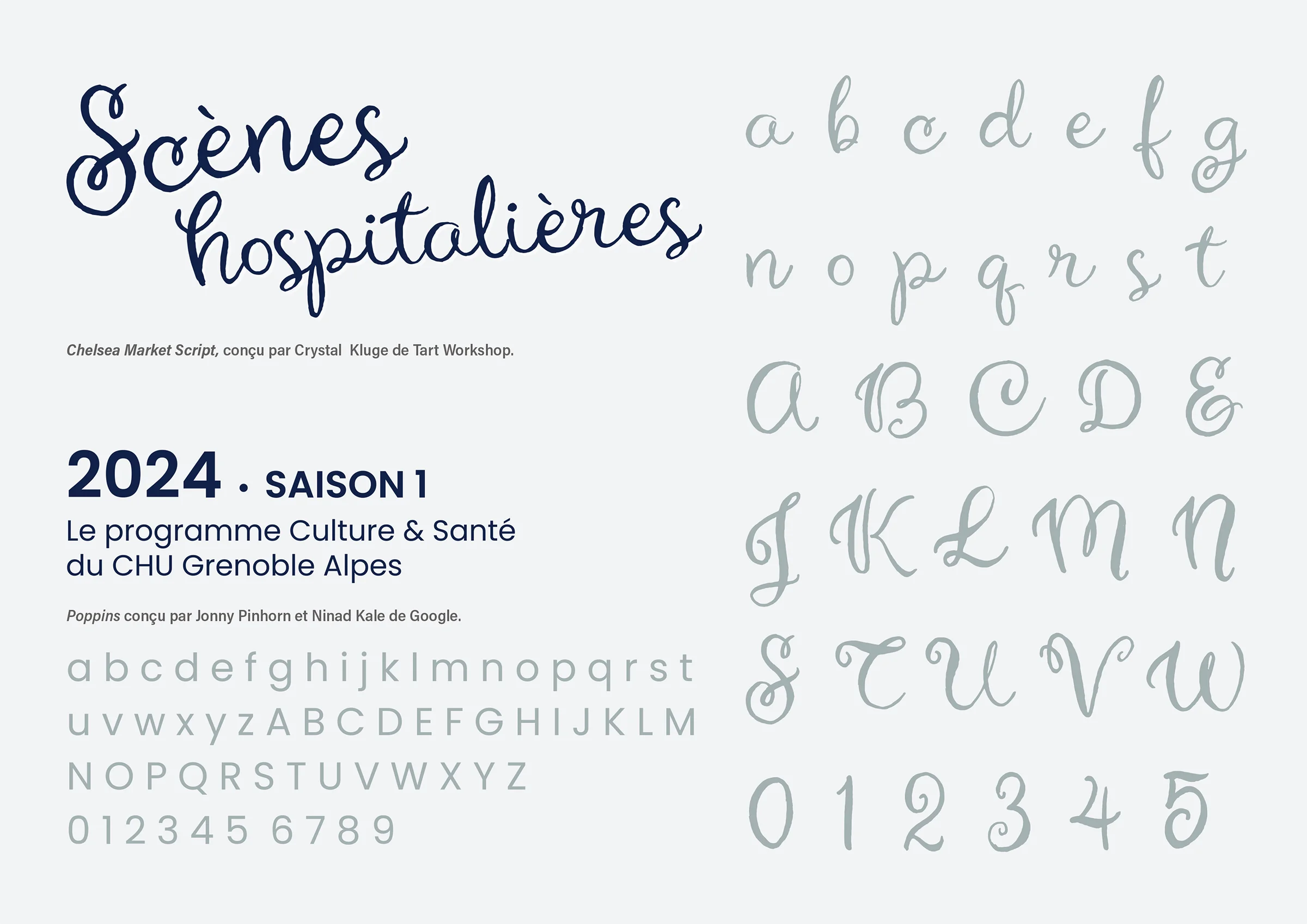 CHU GRENOBLE ALPES - Scènes hospitalières 2024 - Typographies Programme culturel "Scènes hospitalières" créée pour le CHU Grenoble Alpes par Caramel & Paprika - Palette des principales typographies utilisées.