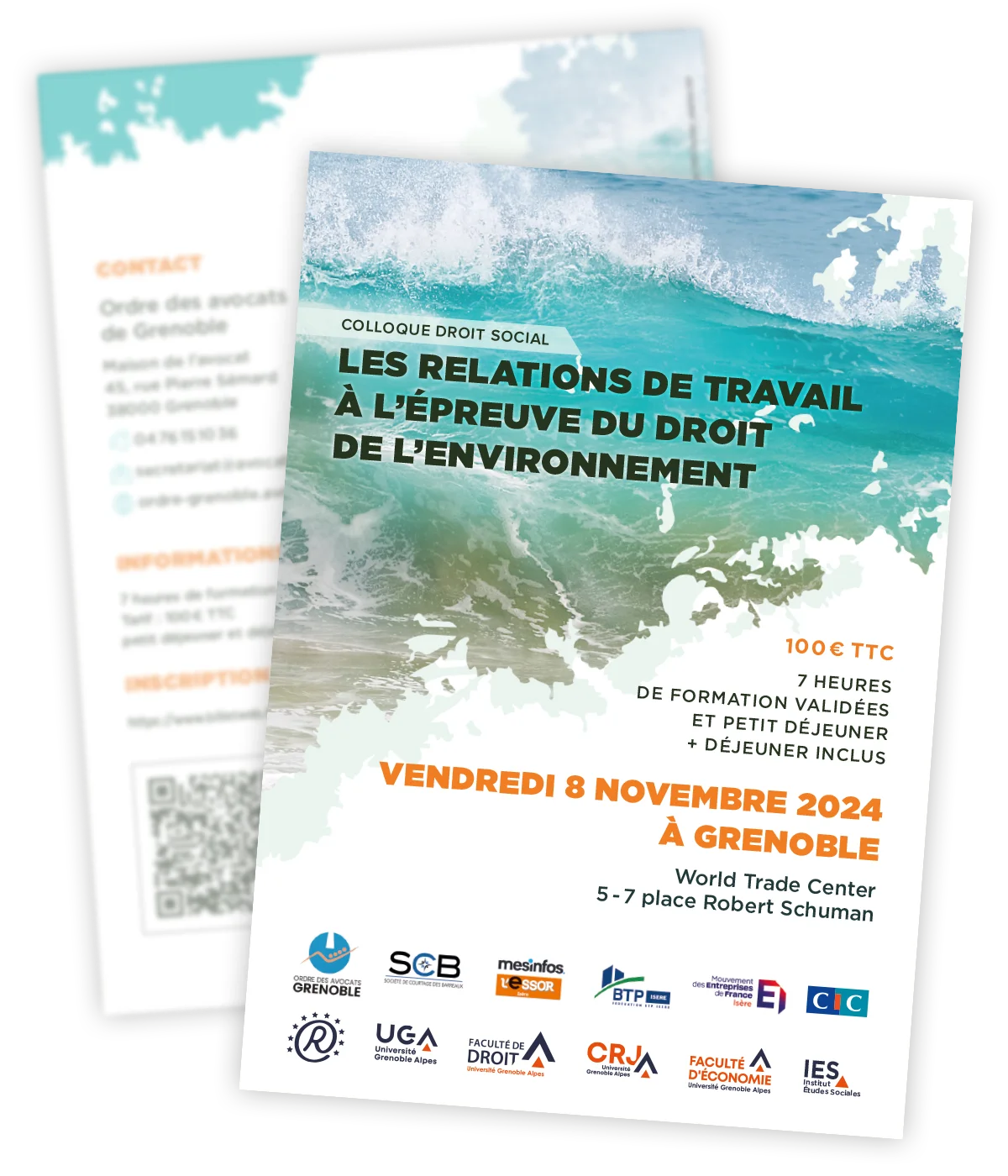 AVOCATS DE GRENOBLE - Colloque RSE 2024 - Dépliant page 1 Programme du colloque 2024 consacré à la RSE, créé par Caramel & Paprika pour l'Ordre des avocats de Grenoble - Première page du dépliant programme