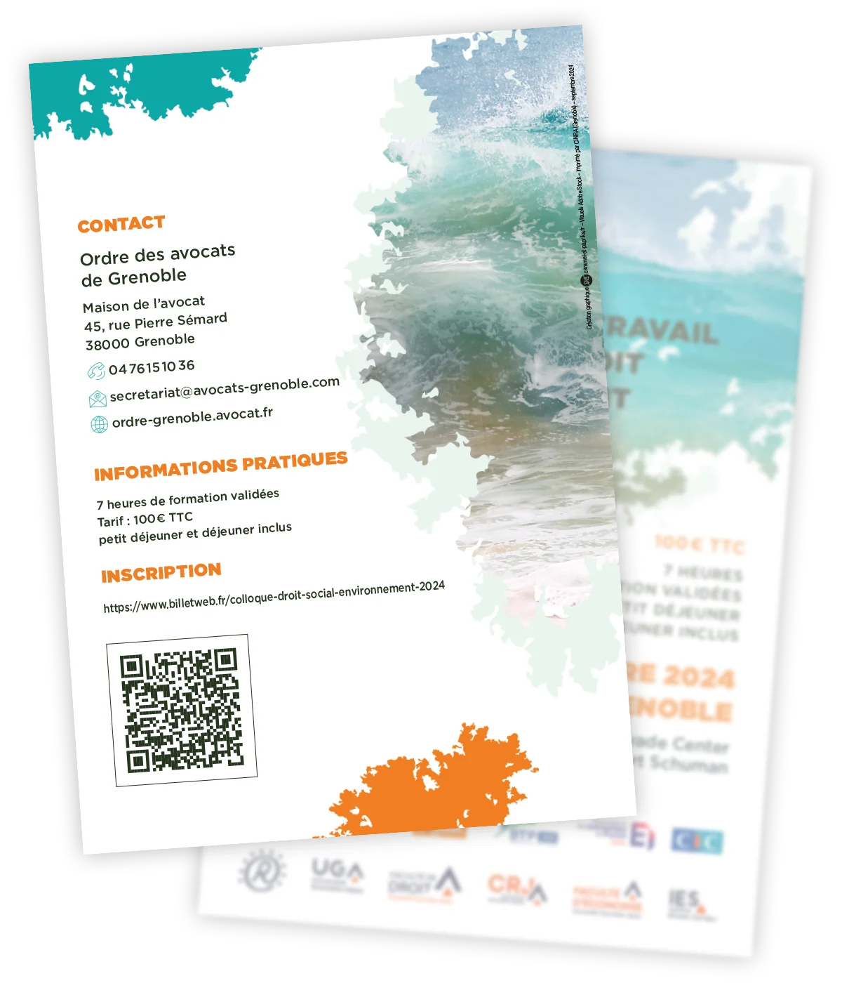 AVOCATS DE GRENOBLE - Colloque RSE 2024 - Dépliant page 4 Programme du colloque 2024 consacré à la RSE, créé par Caramel & Paprika pour l'Ordre des avocats de Grenoble - Dernière page du dépliant programme
