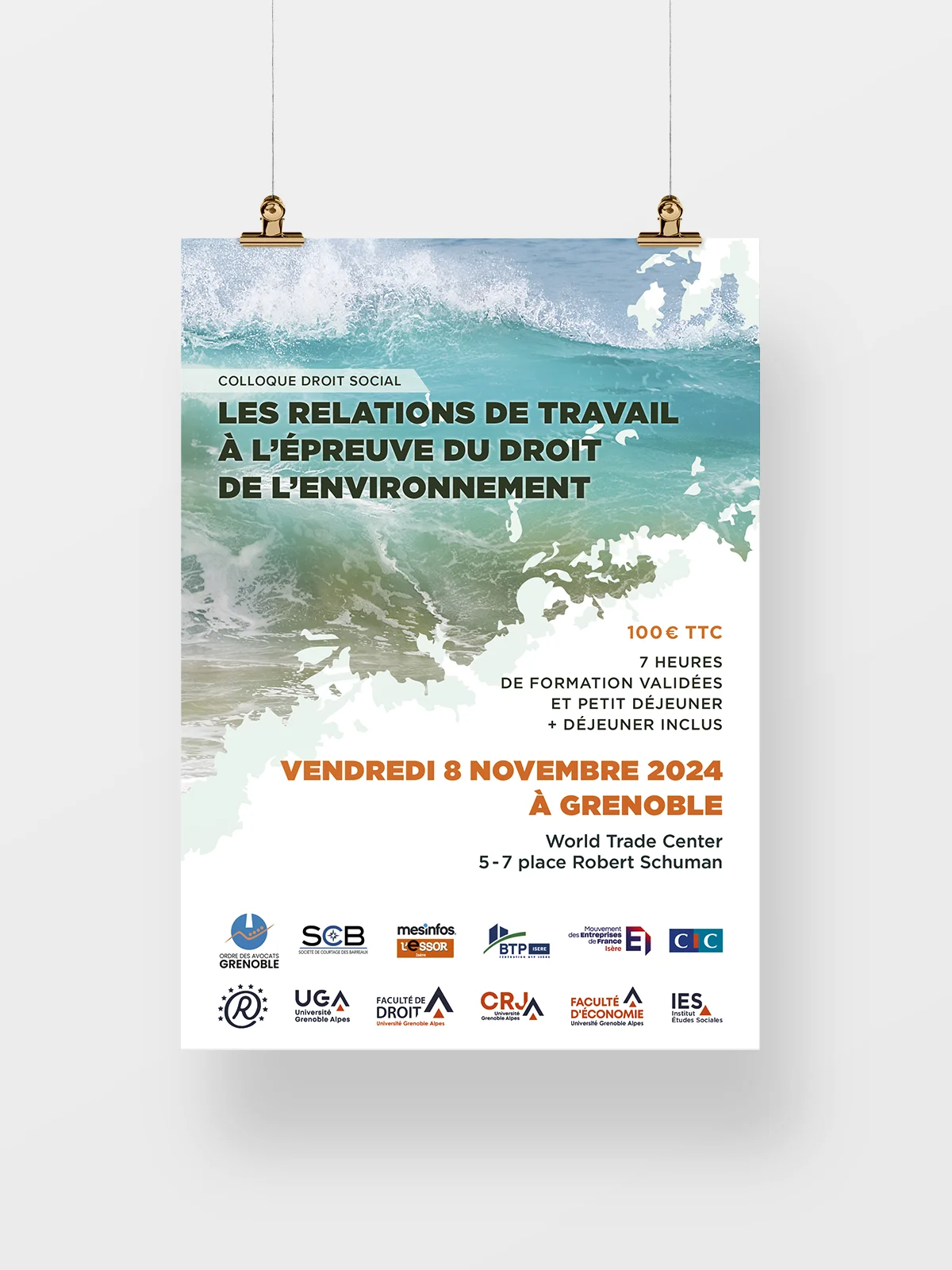 AVOCATS DE GRENOBLE - Colloque RSE 2024 - Mockup affichette Programme du colloque 2024 consacré à la RSE, créé par Caramel & Paprika pour l'Ordre des avocats de Grenoble - Vue réaliste de l'affichette (mockup)