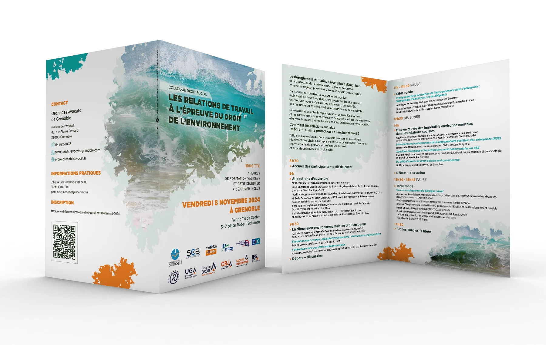 AVOCATS DE GRENOBLE - Colloque RSE 2024 - Mockup dépliant Programme du colloque 2024 consacré à la RSE, créé par Caramel & Paprika pour l'Ordre des avocats de Grenoble - Vue réaliste du dépliant programme (mockup)