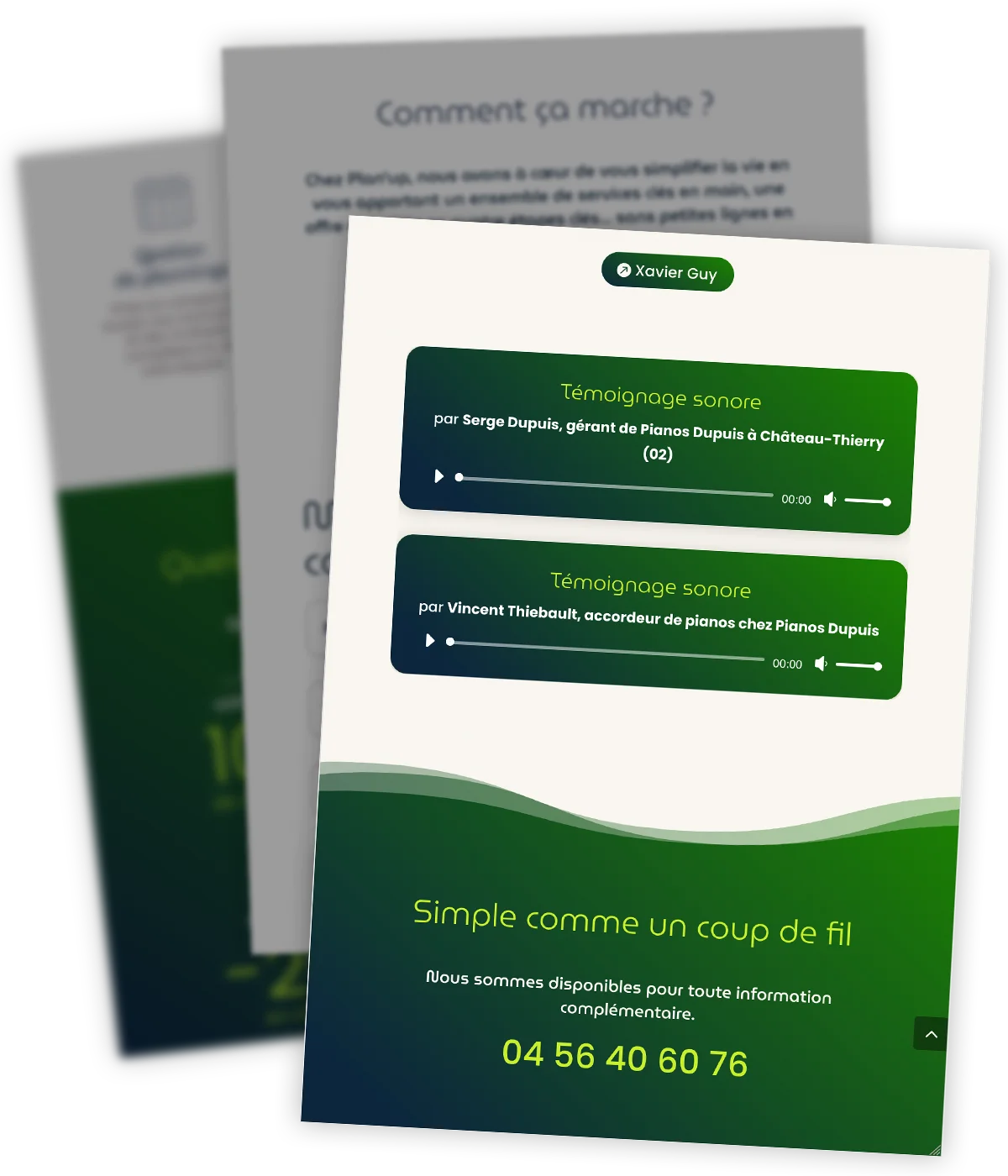 PLAN'UP - Nouveau site web - Section témoignages Nouveau site web créé pour Plan'Up par Caramel & Paprika - Zoom sur la section témoignages.