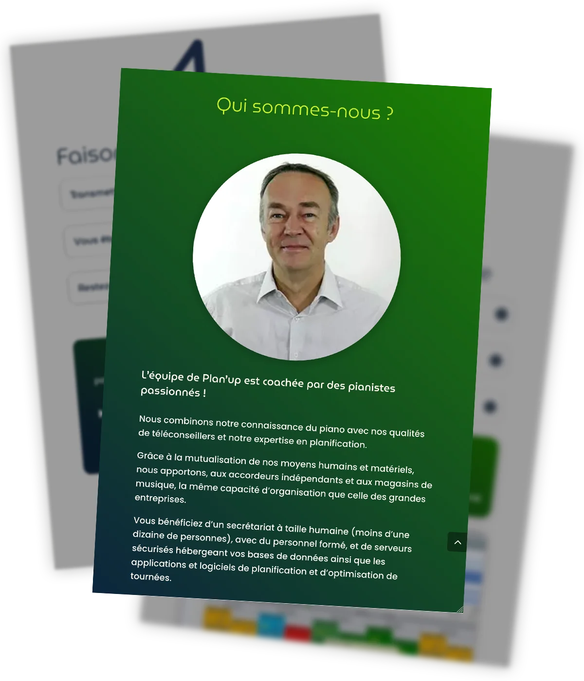 PLAN'UP - Nouveau site web - Section Qui sommes-nous ? Nouveau site web créé pour Plan'Up par Caramel & Paprika - Zoom sur la section « Qui sommes-nous ? ».