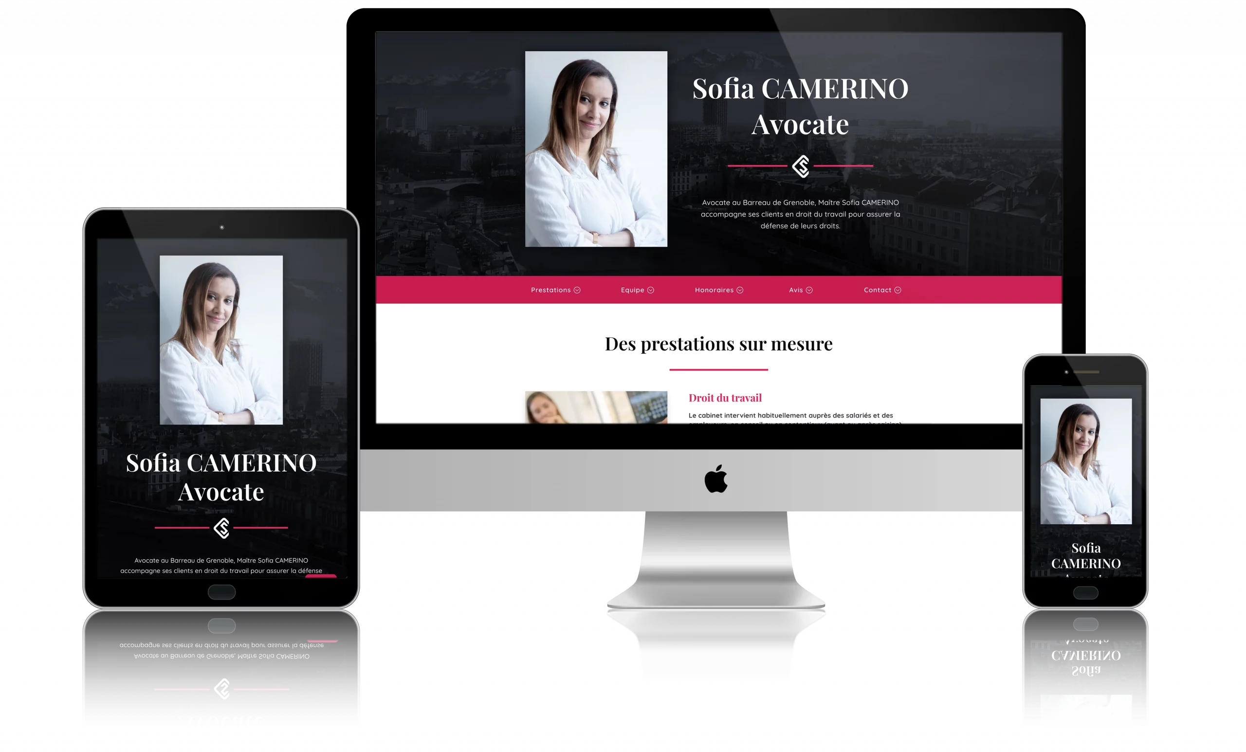 SOFIA CAMERINO - Site web one page - Mockup écrans Site web one page créé pour Maître Sofia Camerino, avocate, par Caramel & Paprika - Vue réaliste de la page d'accueil sur différents types d'écrans (mokcup).