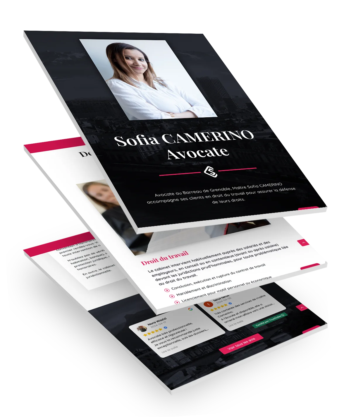 SOFIA CAMERINO - Site web one page - Mokcup pages Site web one page créé pour Maître Sofia Camerino, avocate, par Caramel & Paprika - Illustration en relief des différentes sections de la page d'accueil (mockup).