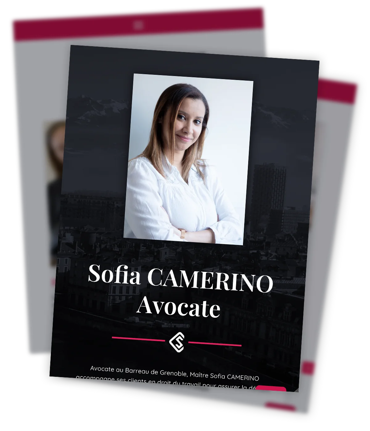 SOFIA CAMERINO - Site web one page - Section entête Site web one page créé pour Maître Sofia Camerino, avocate, par Caramel & Paprika - Zoom sur la section d'entête de la page d'accueil