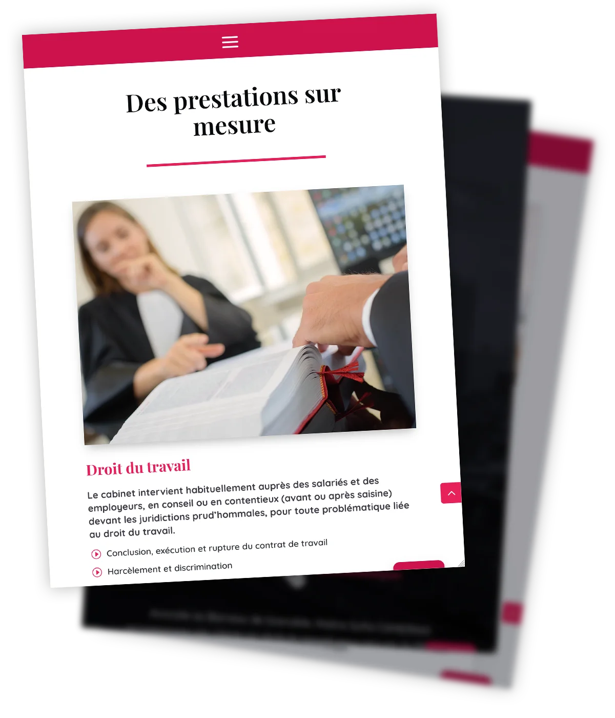 SOFIA CAMERINO - Site web one page - Section prestations Site web one page créé pour Maître Sofia Camerino, avocate, par Caramel & Paprika - Zoom sur la section Prestations de la page d'accueil