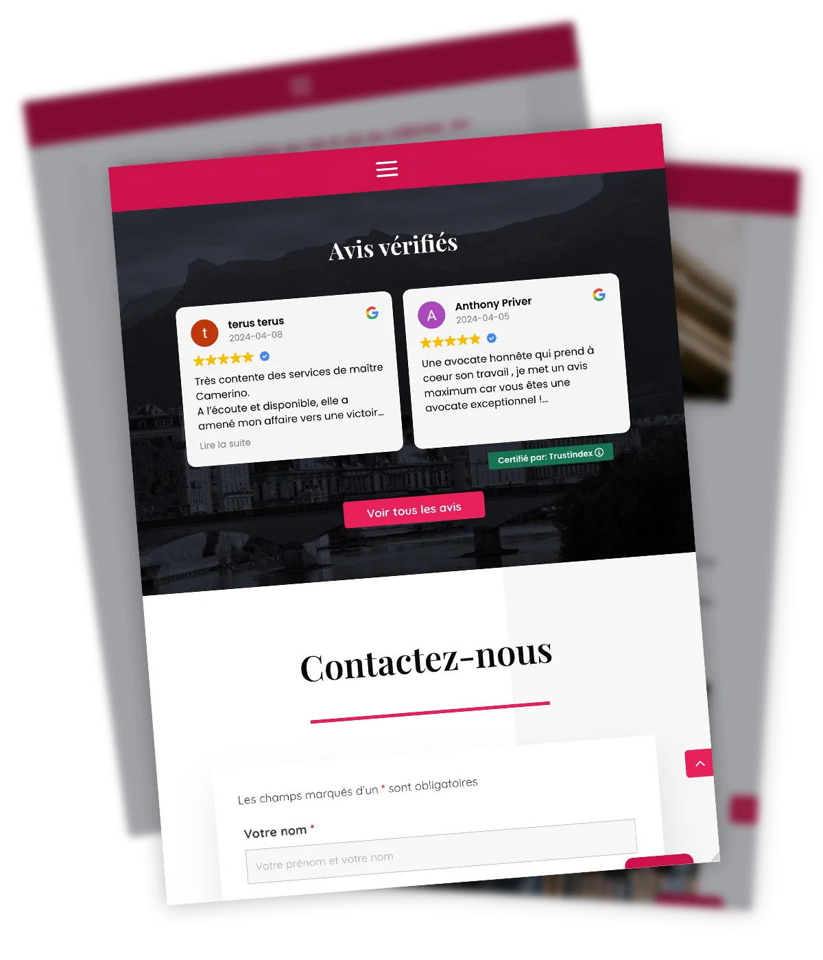 SOFIA CAMERINO - Site web one page - Section avis Site web one page créé pour Maître Sofia Camerino, avocate, par Caramel & Paprika - Zoom sur la section Avis vérifiés de la page d'accueil
