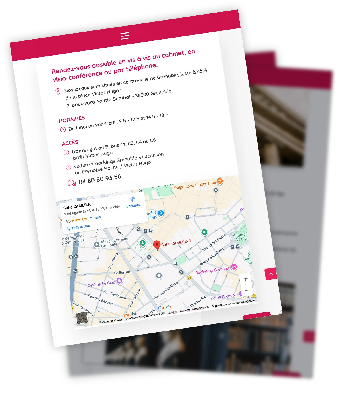 SOFIA CAMERINO - Site web one page - Section coordonnées Site web one page créé pour Maître Sofia Camerino, avocate, par Caramel & Paprika - Zoom sur la section Coordonnées de contact de la page d'accueil