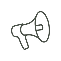 accueil-picto-comprint-fdblanc Icône Communication institutionnelle sur fond transparent, représentant un porte-voix.