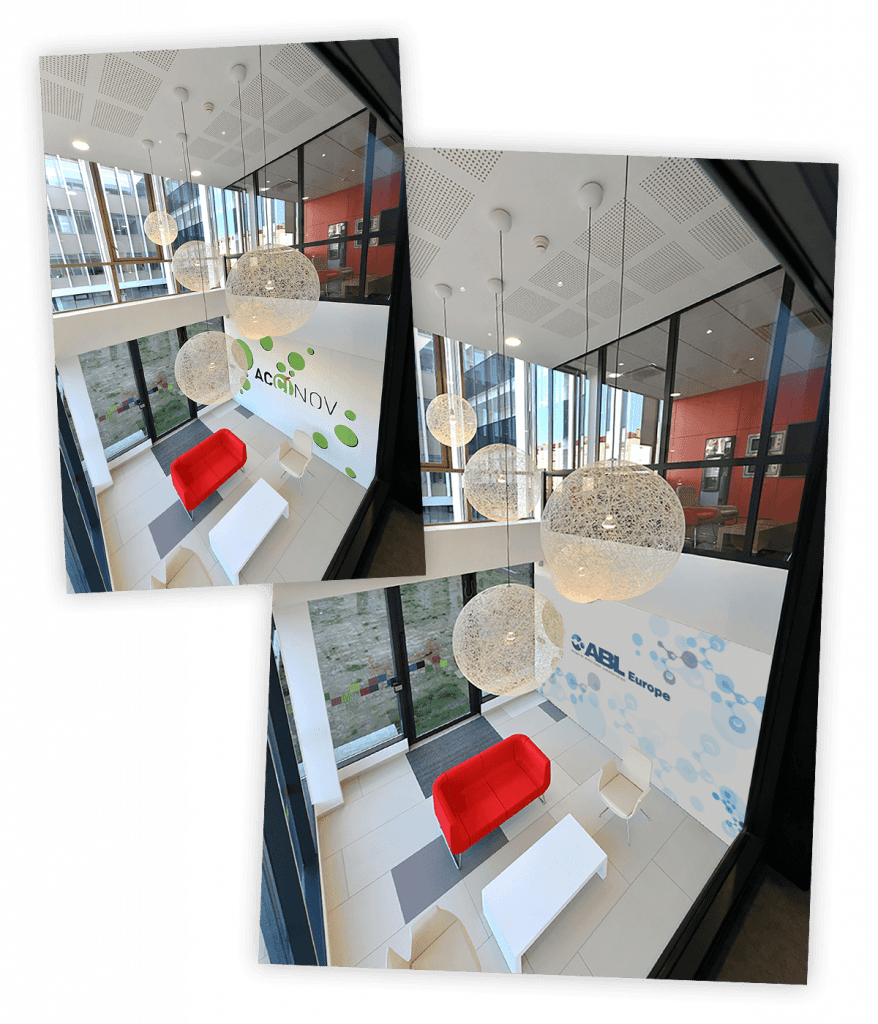 Identité visuelle créée pour ABL Europe par Caramel & Paprika - Photo avant / après du projet d'habillage du hall d'accueil de l'établissement de Lyon